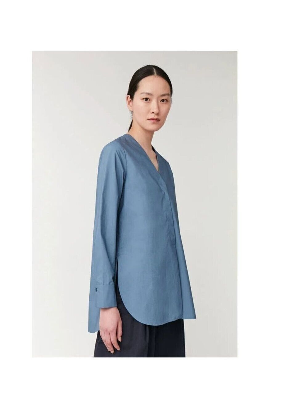 COS | Long Rounded Hem Blouse In Blue - Picture 2 of 12